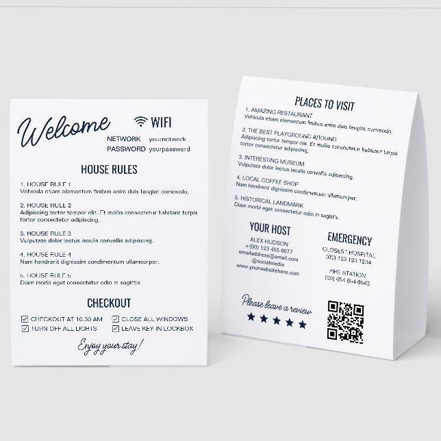 Navy White Vacation Rental Wifi Rules Information Tischaufsteller (Vorder-/Rückseite)