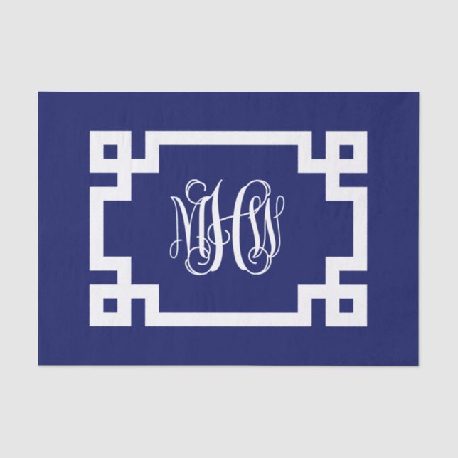 Navy White Vine Script Monogram Greek Key DIY BG Seidenpapier (Vorderseite)