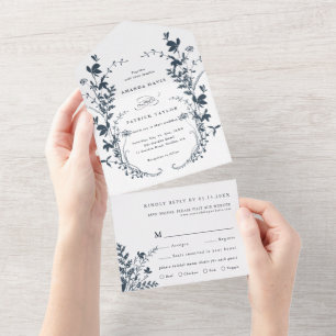 Navy & White Wildblumen-Silhouette-Kranz-Hochzeit  All In One Einladung