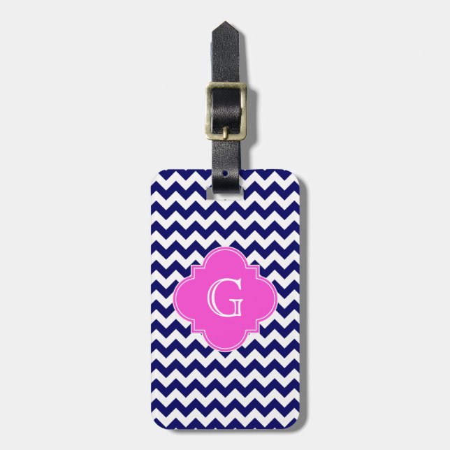 Navy White Zickzack Hot Pink Quatrefoil Monogramm Gepäckanhänger (Vorderseite vertikal)