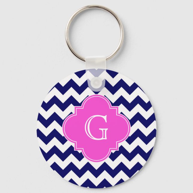 Navy White Zickzack Hot Pink Quatrefoil Monogramm Schlüsselanhänger (Vorderseite)