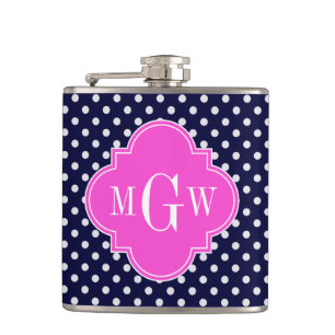Navy WhPolka Dot Hot Pink Quatrefolie 3 Monogramm Flachmann