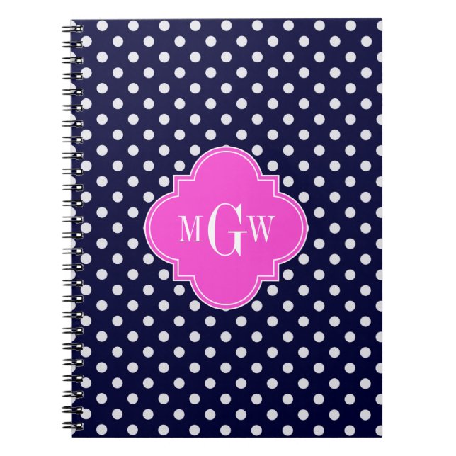 Navy WhPolka Dot Hot Pink Quatrefolie 3 Monogramm Notizblock (Vorderseite)