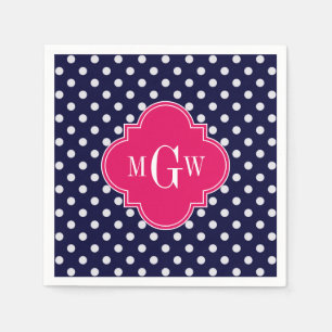 Navy WhPolka Dot Raspberry Quatrefolie 3 Monogramm Serviette