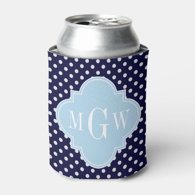 Navy WhPolka Dots Lt Blue Quatrefolie 3 Monogramm Dosenkühler (Kanne Vorderseite)