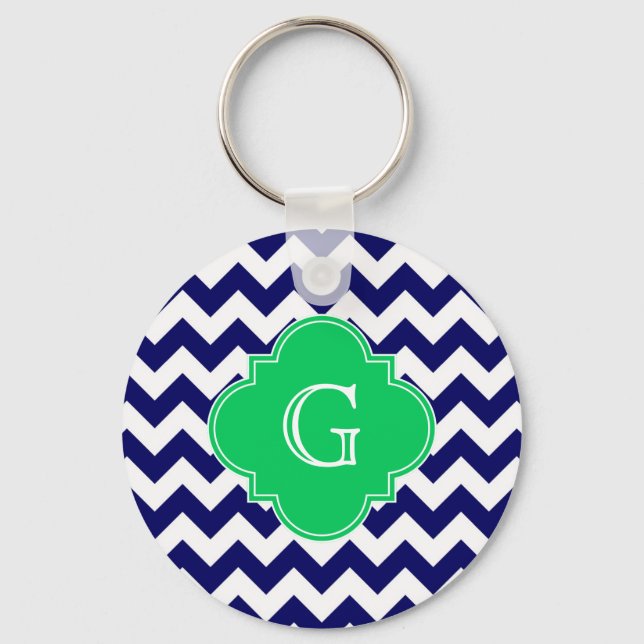 Navy WhZickzack Emerald Green Quarter Monogram Schlüsselanhänger (Vorderseite)