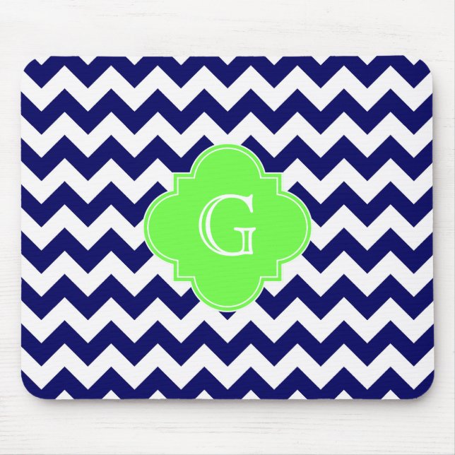 Navy WhZickzack Lime Green Quatrefoil Monogramm Mousepad (Vorne)