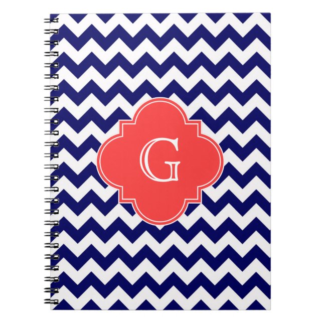 Navy WhZickzack Zigzag Coral Quatrefoil Monogramm Notizblock (Vorderseite)