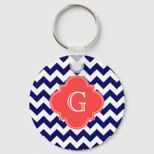 Navy WhZickzack Zigzag Coral Quatrefoil Monogramm Schlüsselanhänger