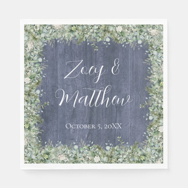 Navy Wood Eucalyptus Wedding Napkins | Rustic Serviette (Vorderseite)