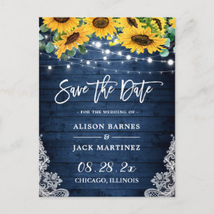 Navy Wood Sonnenblumen String Lights Save the Date Postkarte