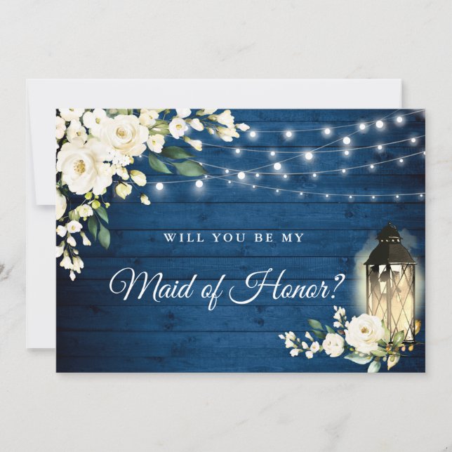 Navy Wood White Roses werden Sie meine Trauzeugin  Einladung (Vorderseite)