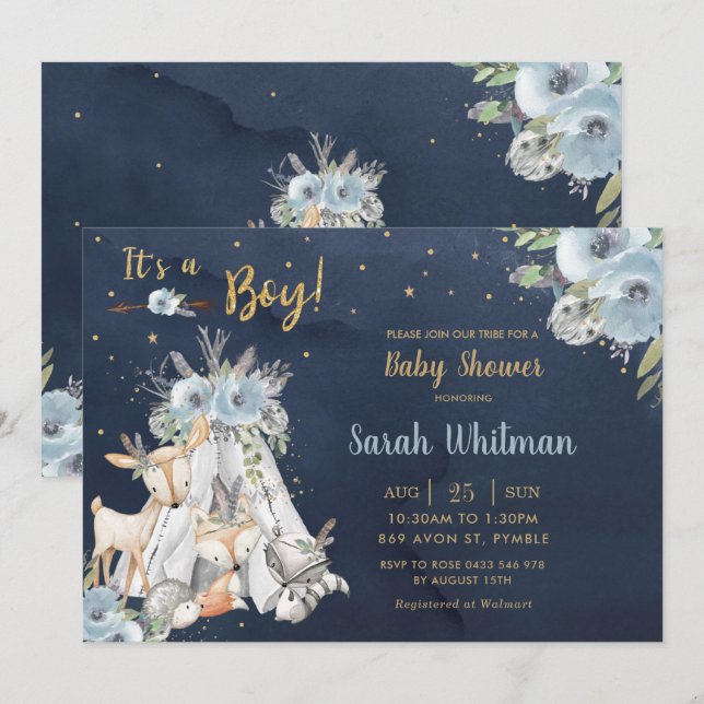 Navy Woodland Animals Tribal Boho Boy Baby Dusche Einladung (Vorne/Hinten)