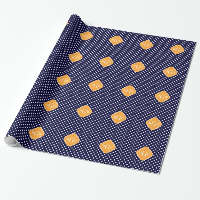 Navy Wt Polka Dot Cantaloupe Quatrefolie 3 Monogra Geschenkpapier (Ungerollt)