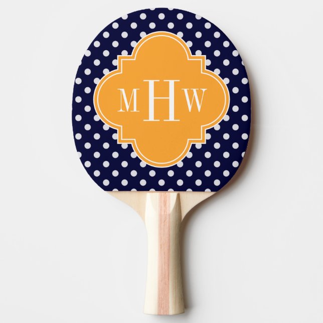 Navy Wt Polka Dot Cantaloupe Quatrefolie 3 Monogra Tischtennis Schläger (Vorderseite)