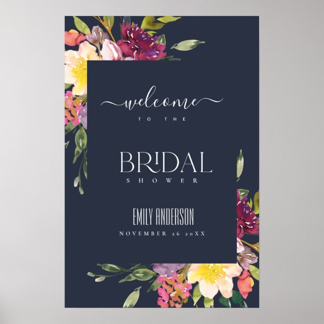 NAVY YELLOW BLUSH BURGUNDDY FLORAL BRAUTPARTY POSTER (Vorne)