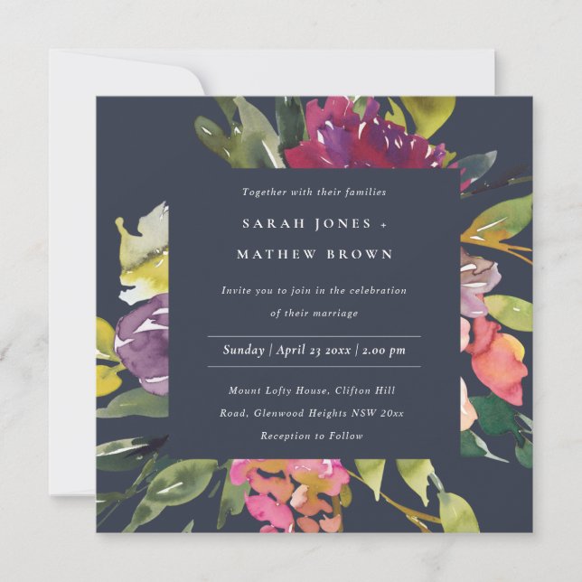 NAVY YELLOW BLUSH BURGUNDY FLORAL BUNCH WEDING EINLADUNG (Vorderseite)