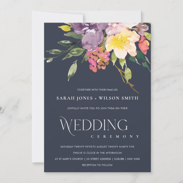 NAVY YELLOW BLUSH BURGUNDY FLORAL BUNCH WEDING EINLADUNG (Vorderseite)