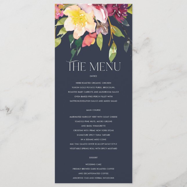 NAVY YELLOW BLUSH BURGUNDY FLORAL BUNCH WEDING MENÜKARTE (Vorderseite)