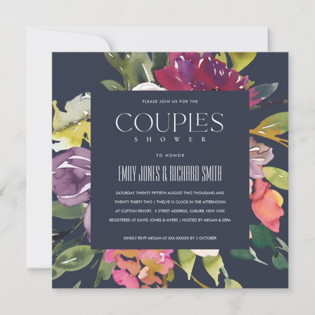 NAVY YELLOW BLUSH BURGUNDY FLORAL COUPLES DUSCHE EINLADUNG (Vorderseite)