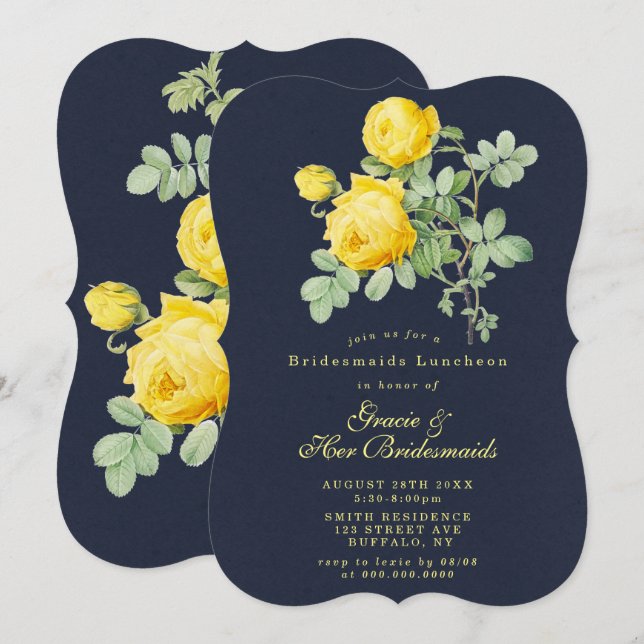 Navy Yellow Rose Bridesmaids Luncheon Einladung (Vorne/Hinten)