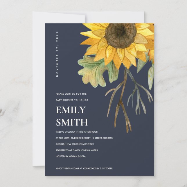 NAVY YELLOW SUNFLOWER FLORAL BABY SHOWITE EINLADEN DANKESKARTE (Vorderseite)