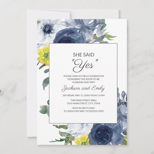Navy Yellow White Floral Sie sagte Yes Verlobung Einladung (Vorderseite)