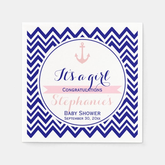 Navy Zickzack mit Baby Pink Nautical Baby Dusche Serviette (Vorderseite)