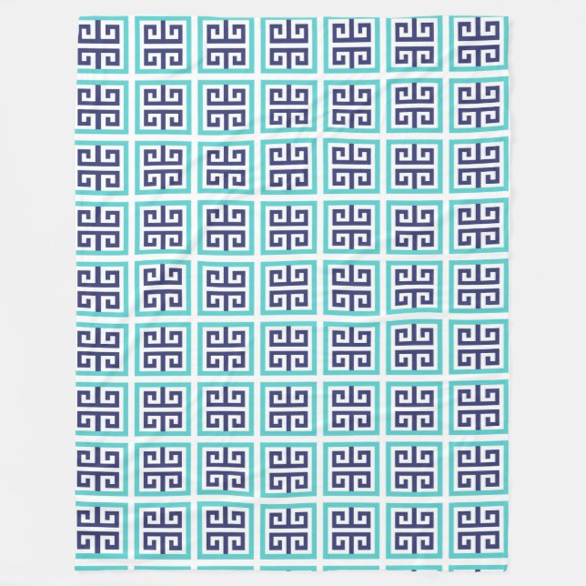 Navyblau Aqua Griechisches Muster Fleecedecke (Vorderseite)