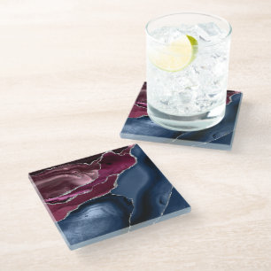 Navyblau-Burgunder-Achat-Silber-Glitter Glasuntersetzer