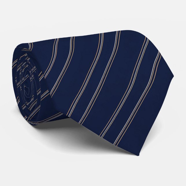Navyblau Elfenbein Gold Pinstripes Krawatte (Gerollt)