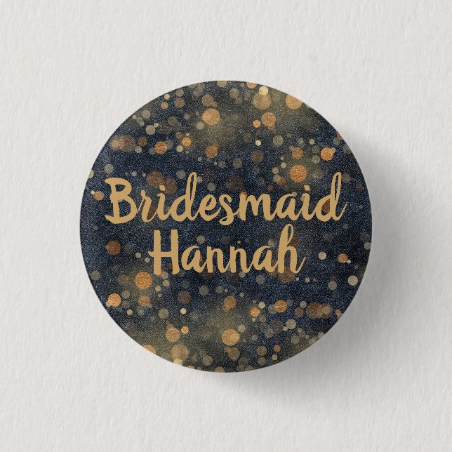 Navyblau Gold Bokeh Script Brautjungfer Button (Vorderseite)