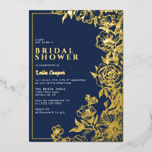 Navyblau & Gold Elegante florale Hochzeitsdusche Folieneinladung