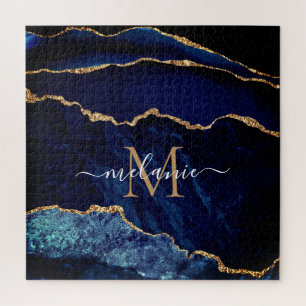Navyblau-goldener Marmor-Monogramm-Name-Puzzle-Ges