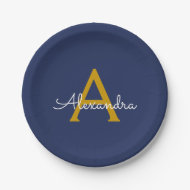 Navyblau-goldenes, girlyes Schriftmonogramm Name M Pappteller