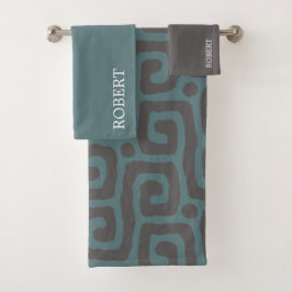Navyblau & Grau Abstrakte Monogramm Name Badhandtuch Set
