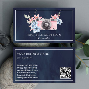 Navyblau Rosa Florales Kamera-QR-Code Fotograf Visitenkarte