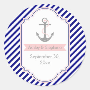 Navyblau, rosa nautische Hochzeit Save the Date Runder Aufkleber