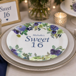 Navyblau-Sagegrün-Blumen Sweet 16 Geburtstag Pappteller