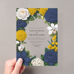 Navyblau, Senfgelb und weiße florale Hochzeit Acryleinladungen