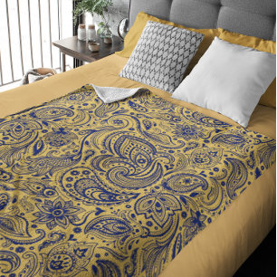 Navyblau und gelbes vintage Blumenpaisley Fleecedecke