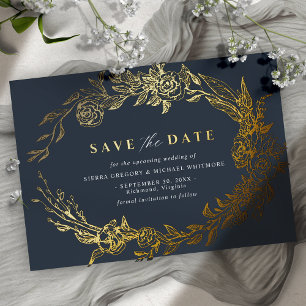Navyblau und Gold Elegante florale Save-the-Date Folieneinladung