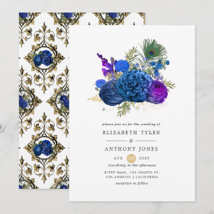 Navyblau und Gold Vintage Pfau Blumenhochzeit Einladung