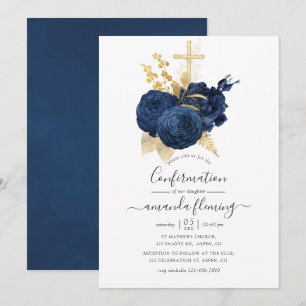 Navyblau und Gold Vintage-Rosen-Firmung Einladung