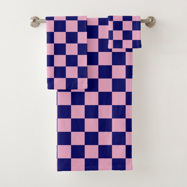 Navyblau- und Hellrosa-Karo-Muster Badhandtuch Set (Insitu)