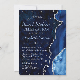 Navyblau und Silber Glitter Achatmarmor Sweet 16 Einladung