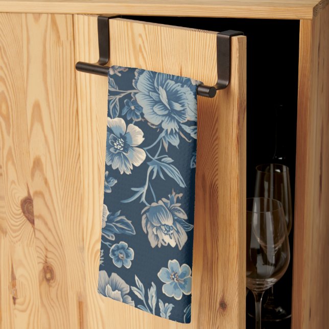 Navyblau vintage Blumen Botanik Muster Geschirrtuch (Drittel gefaltet)