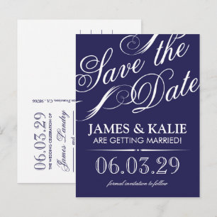 Navyblau Vintage-Script Save-the-Date-Karte Ankündigungspostkarte