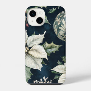 Navyblau Weiße Poinsettie Stechpalme Weihnachten iPhone 14 Hülle