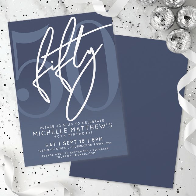 Navyblaue 50. Geburtstagsfeier Einladung (Navy Blue 50th Birthday Party Invitation)